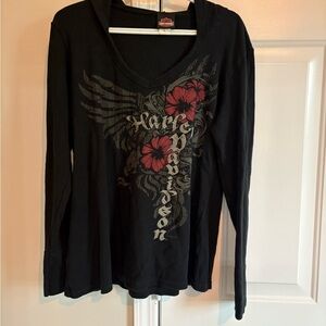 Harley-Davidson Black Hoodie with Red Floral Accents